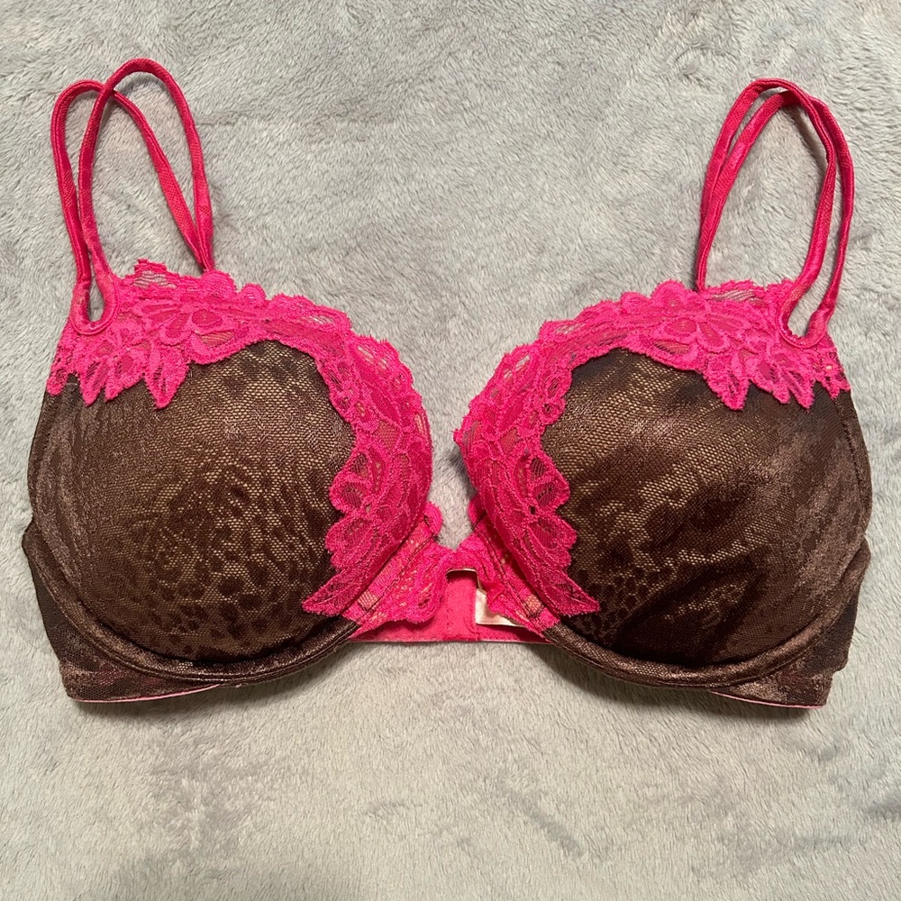 Vintage Victoria’s Secret Bra Brown Animal Print Pink Lace 34D - Picture 2 of 6